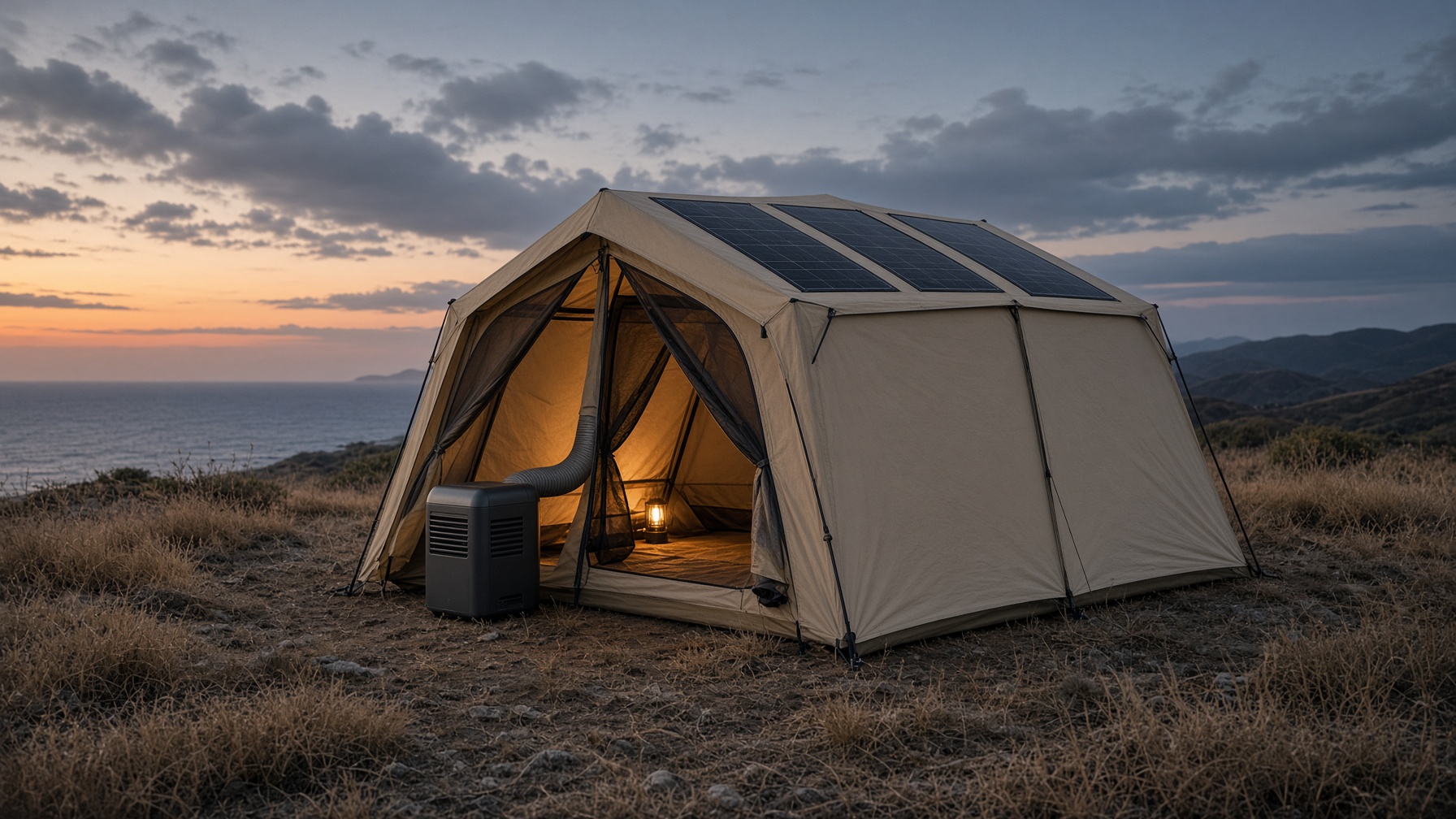Aether Two cabin tent on a coastal ridge at dusk, solar roof and vestibule climate unit