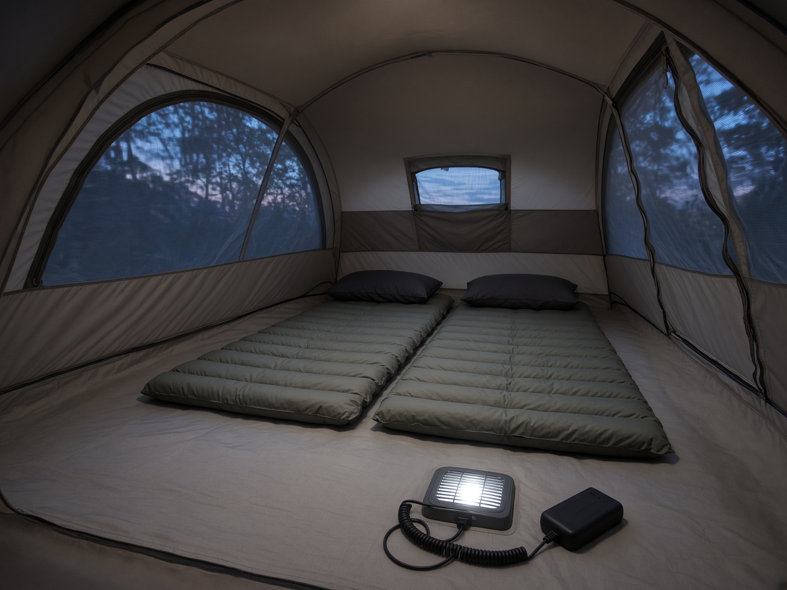 Interior of Aether Two with two sleeping pads and a cool climate vent