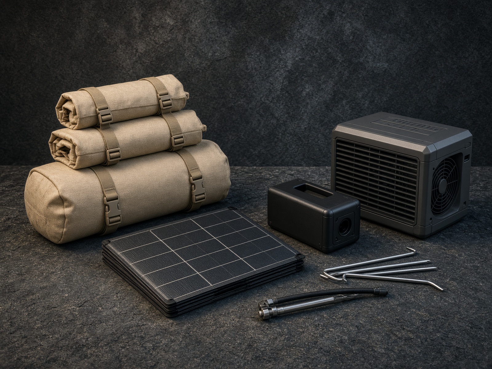 Aether Two kit laid out: roll bags, solar blanket, battery brick, compressor, stakes
