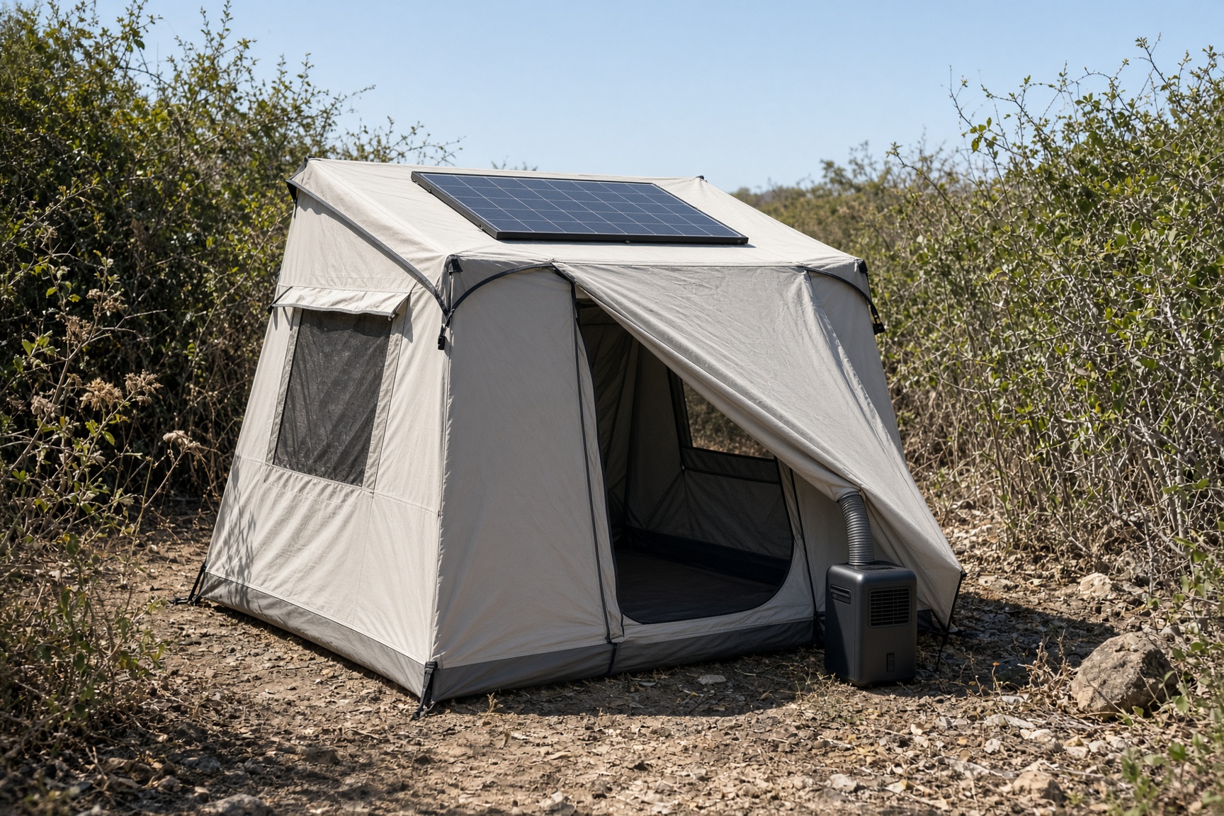 Aether Two pitched in dry scrub, solar roof and vestibule climate unit visible