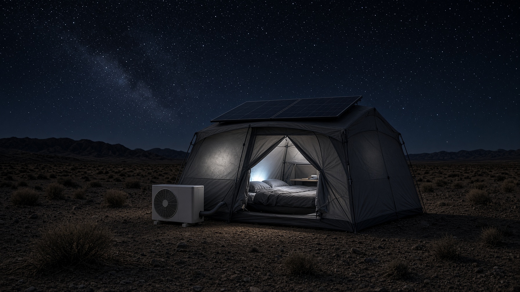 Aether Two at night under stars with cool interior light